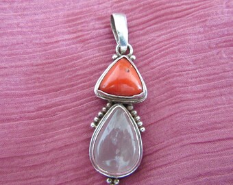 Coral and Rose Quartz Pendant - Sterling Silver - 925 -