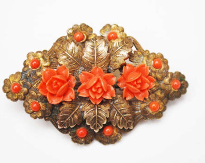 Coral celluloid flower Brooch - Golden Brass - leaf - Art Nouveau Pin