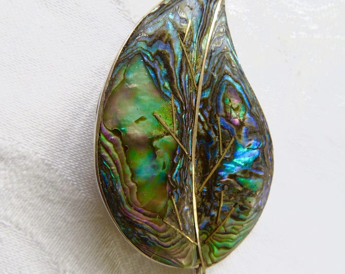 Vintage Abalone Leaf Brooch Taxco Mexico Sterling Silver Abalone Shell Inlay Sterling Leaf Pin
