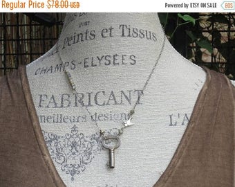 ON SALE Boho Chic Vintage Skeleton Key, Bird & AB Aquamarine Gemstone Bead Sterling Silver Charm Necklace