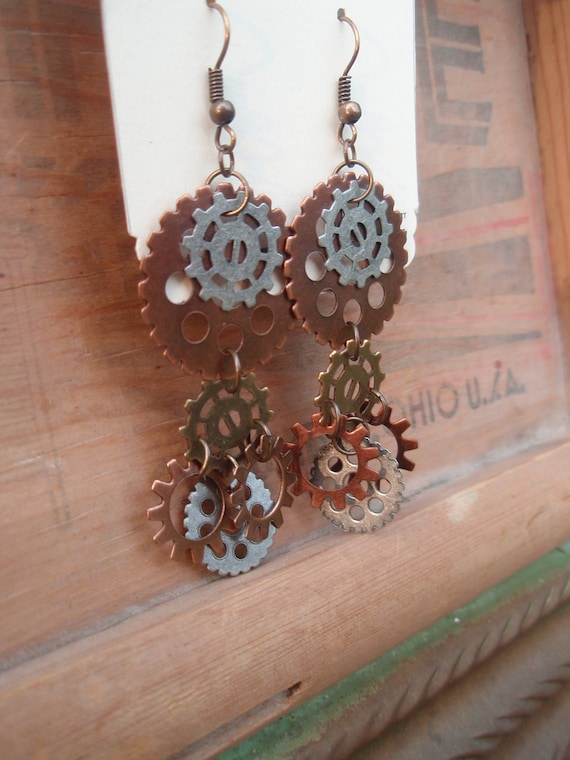 Long Layered Gear Earrings by OurPeanutGallery steampunk buy now online