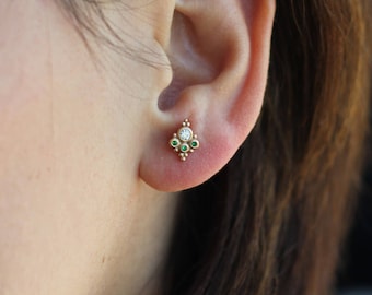 Bohemian Solid Gold Studs Earrings / Ruby Studs / Emerald Studs / Sapphire Studs / Turquoise Studs / Diamond Studs