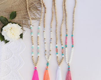 long beaded tassel necklace, with natural wooden beads and resin colored beads - pink , coral, white or mixed colored tassel