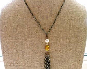 Antique Brass Tassel Necklace, Freshwater Pearls, Crystals, Tassel Jewelry, Tassel Jewellery, Boho Chic Jewelry, Boho Chic Jewellery
