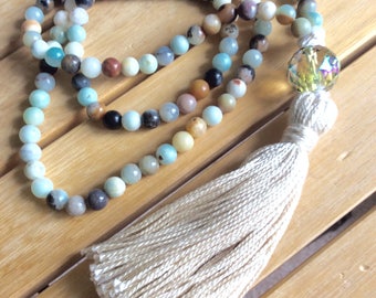 108 Bead, 8 mm Amazonite gemstone and 18 mm crystal Yoga and Meditation Mala with tassel