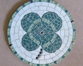 Mosaic four leaf clover, handmade in ceramic tiles; garden decor; home decor or hot pan trivet!