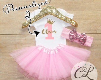 First Birthday Tutu Bodysuit Outfit / Baby Girl Clothes 1 Year Old Outfit One Birthday Set 1st Birthday Girl Outfit Bow Crown Princess 067