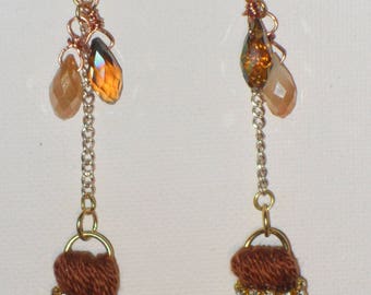 Silver Chain Brown & Gold Rhinestone Tassel Earrings