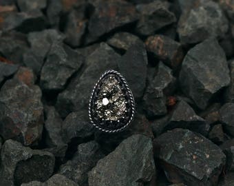 Pyrite Cluster Statement Ring Sterling Silver Size 8 Oxidized