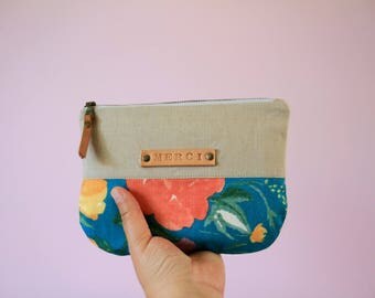 Thank you gift for woman, Natural linen pouch, Nani Iro fabric purse with leather, Zippered cosmetic bag, Travel pouch, Gift for teacher