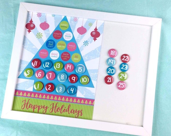 Framed Magnetic Advent Calendar - Magnetic dry erase advent calendar - Christmas Calendar - Retro Christmas - Teal - Pink