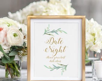 Date Night Ideas Cards + Sign, Bridal Shower Wedding Ideas Date Night Jar. Printable cards, Sign Greenery. Best Date Night. Download Print.
