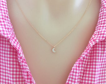 Tiny Rose Gold Crescent Moon Necklace, Dainty Necklace, Choker Necklace, Sister Necklace, Bridesmaid Gift, Cubic Zirconia, Moon Necklace