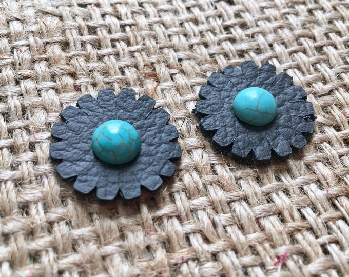 Leather Flower Studs, Leather Flower Posts, Flower Earrings, Leather Earrings, Black Leather Studs, Rivet Earrings, Flower Studs