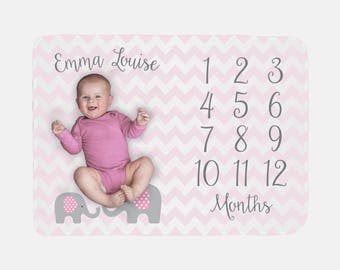 Baby Milestone Blanket | Baby Girl Elephant | Personalized Pink Baby Month Blanket | Baby Girl Fleece or Minky Blanket