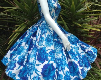 Blue Dahlia 1950's Vintage Vibrant Floral Summer Cotton Dress.