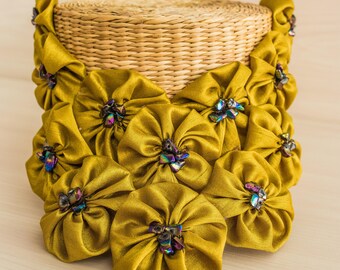 Mustard Statement Bib Necklace Floral Necklace Fabric Necklace Fabric Jewelry Textile Necklace Bridesmaid Wedding Necklace Yoyo Necklace