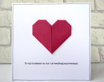 1st wedding anniversary card - personalised paper anniversary greeting card - romantic first anniversary - red origami heart - husband wife
