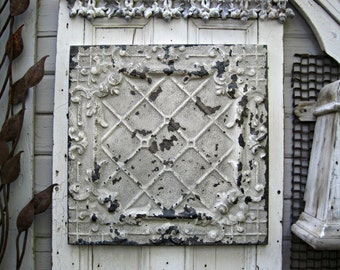 Antique Ceiling Tin Tile. Framed 2'x2' tile. Old Chippy Paint. Architectural salvage wall decor. Rustic primitive farmhouse decor.