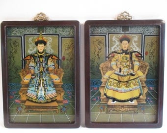 Qing Dynasty Framed Emperor Empress, Vintage Imperial Golden Dragon Robes Reverse Painting on Glass Man and Woman Celebration Throne
