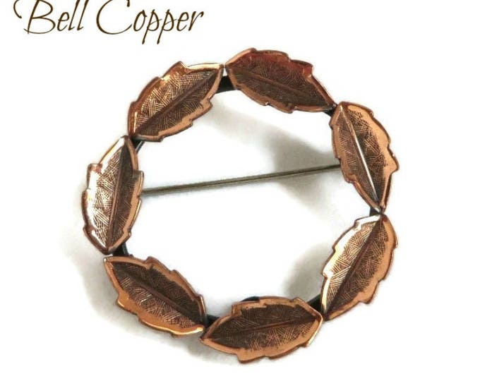 Copper Circle Brooch, Vintage Copper Leaf Pin, Copper Wreath Brooch, Genuine Copper Jewelry, Bell Copper