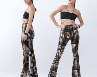 GLYPH Leggings - Bell Bottoms Tribal Futuristic Geometric Bells Burning Man Flares Disco Boho Streetwear Robot Metallic Pants Rocker Goth