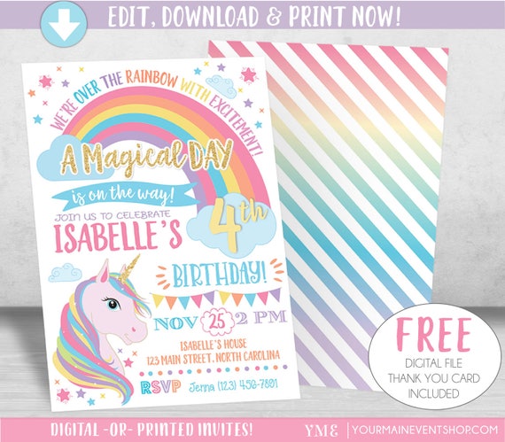 unicorn birthday invitation unicorn invitation rainbow invitation