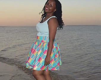 Short handmade turquoise and pink african print skirt