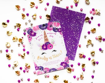 Gold Unicorn Invite- Floral Unicorn,Unicorn Face Invite, Unicorn birthday, Unicorn flowers, unicorn theme, unicorn invite,unicorn invitation