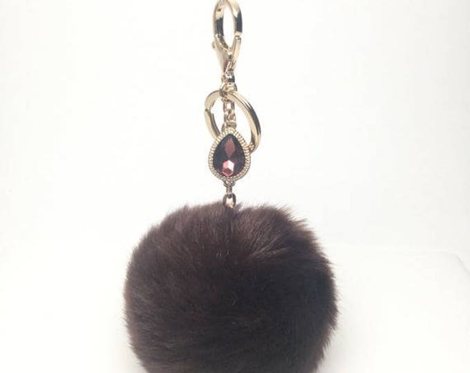NEW! Faux Rabbit Fur Pom Pom bag Keyring keychain artificial fur puff ball in Brown Crystals Collection
