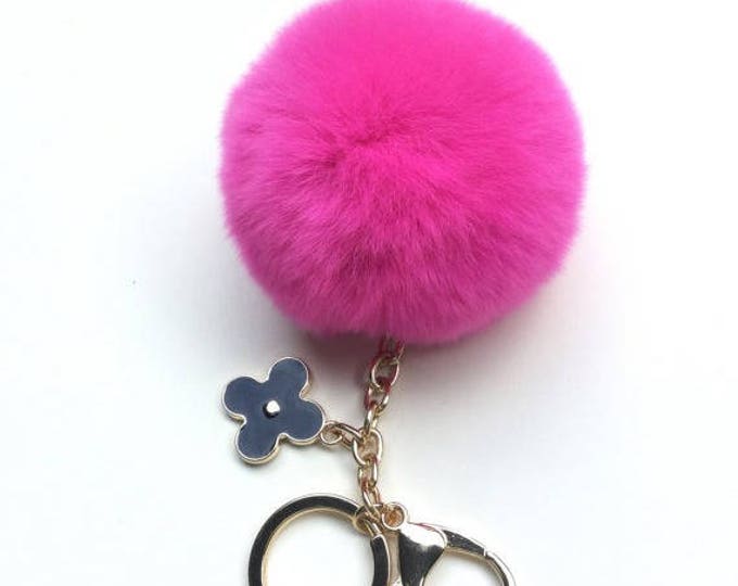 Fuchsia Pink fur pom pom keychain REX Rabbit fur pom pom ball with flower bag charm