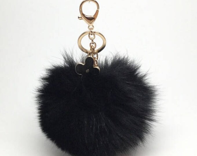 New! Black fox fur Pompon bag charm pendant Fur Pom Pom keychain keyring with flower charm