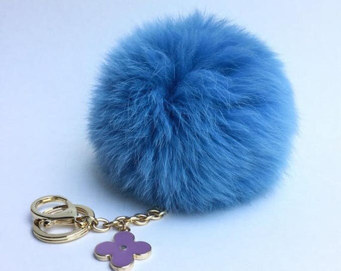 Sky Blue fox fur Pompon bag charm pendant Fur Pom Pom keychain keyring with flower charm