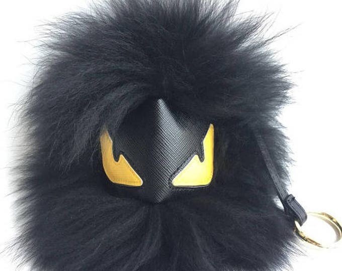 Classic Monster Keychain Fur Pom Pom Chain Ball Bobble Key Ring Bag Pendant Charm with Strap and Metal Buckle - Real Fur