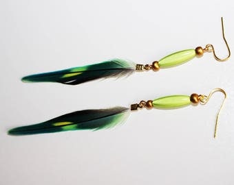Green feather earrings