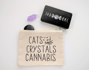 Cats Crystals Cannabis Canvas Zipper Bag | Weed Gift | Crystal Pipe | Crystal Pouch | Witch Gift | Crystal Lover Gift | Cat Lover Gift