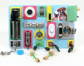 Travel busy board Sensory activity wood toy Baby busy board toddler Fine motor board Special needs Board with locks Fidget board Wood Red