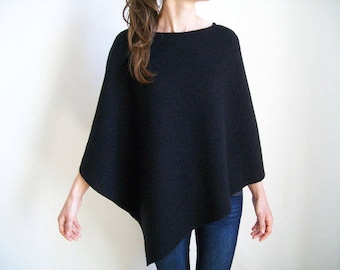 WOMENS BLACK CAPE / 100% Merino Wool Poncho/ Wool Cape/ Asymmetrical Sweater Tunic/ Black Poncho/ Pure Wool Shawl Wrap/ Spring Jacket/Poncho
