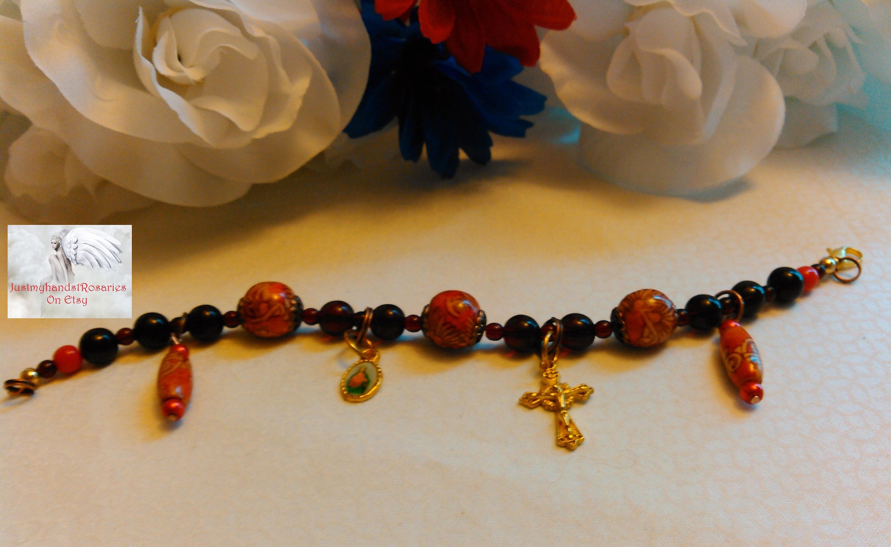 Rosary Charm Bracelet Red Catholic Handmade One of a Kind