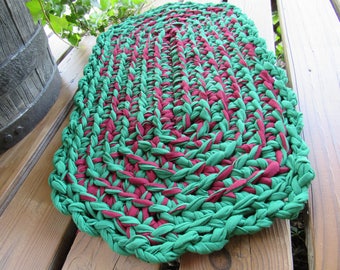 Green & Burgundy Rug Handmade Crocheted Rag Rug CP129