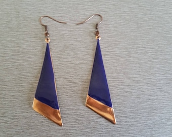 Blue and copper triangle pendant earrings