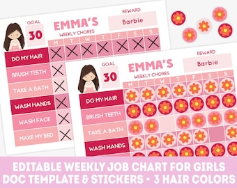 Editable weekly chore chart, printable kids reward chart template, pink behavior chart for girls, toddler chore chart, responsibility chart