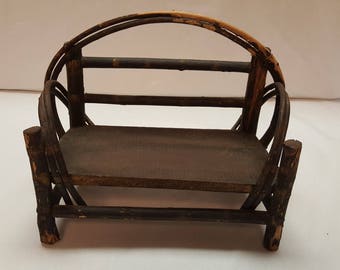 Vintage HANDMADE Adirondack Bench, Toy Doll Size Shelf Sitter, Plant Stand, Primitive Rustic, Grapevine Willow Wood, Decor, T.V. Movie Prop