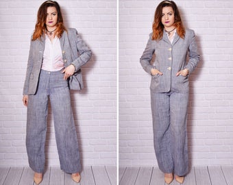 Max Mara Pant Suit Linen Pantsuit Grey Women Mod Jackie Kennedy Boss Vintage Tight Jacket 90s Pattern Wide Leg Slacks High Waisted Pants