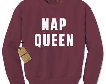 Nap Queen (White Print) Comfy Top For Lazy Days Adult Crewneck Sweatshirt