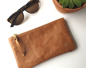 Brown Leather Clutch // Monogrammed Leather Pouch // Bridesmaid Gift // Leather Makeup Bag