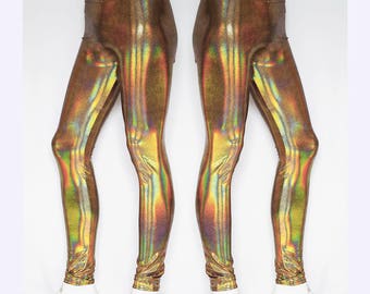 Holographic Gold Festival Meggings Men's Leggings for Burning Man