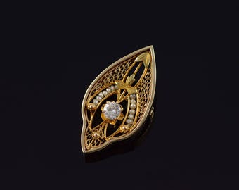 14k Victorian 0.23 CT Diamond Seed Pearl Filigree Pin/Brooch Gold