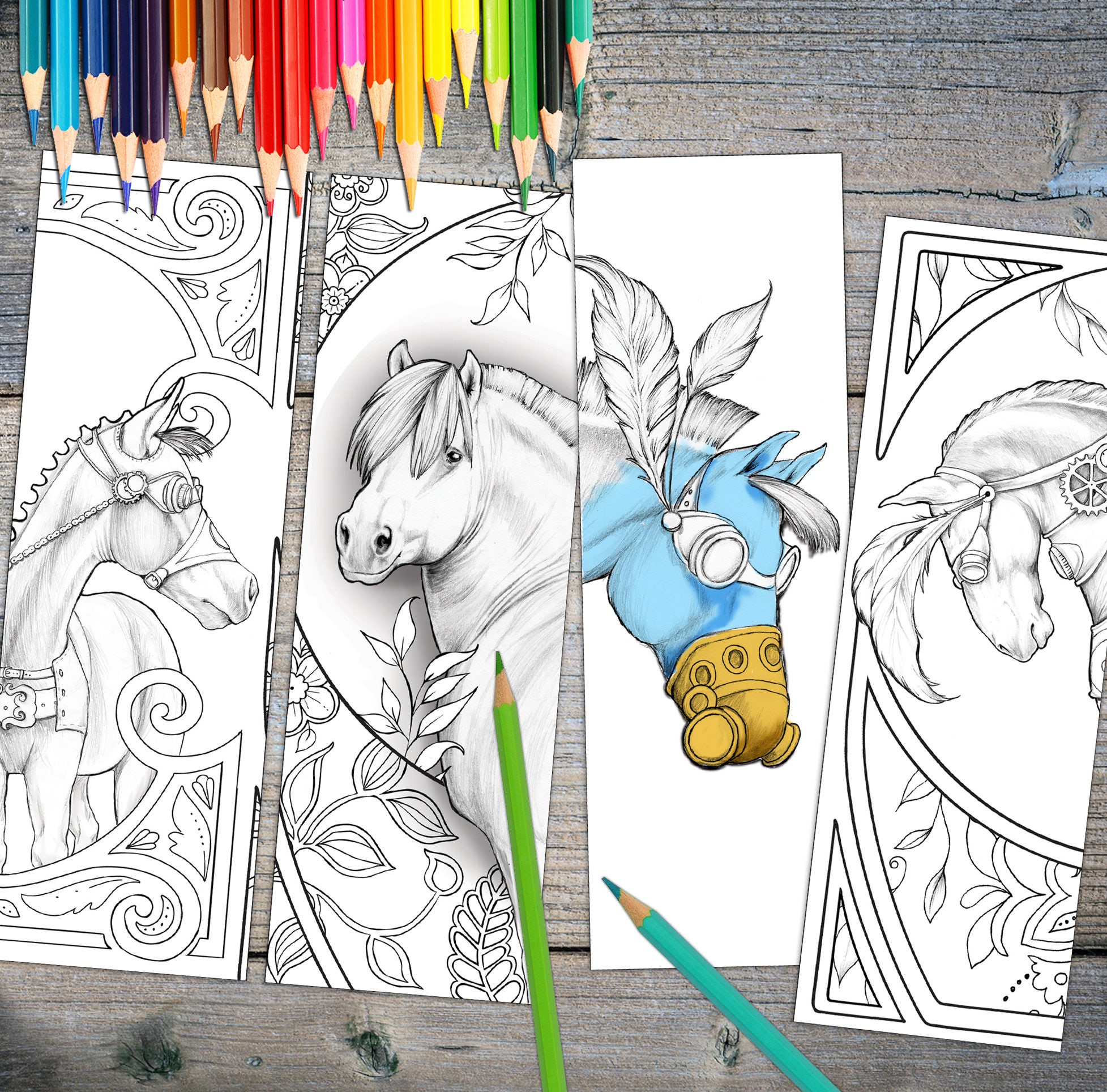 instant download bookmark coloring horse designs printable