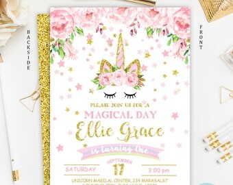 Unicorn Birthday Invitation, Rainbow Unicorn Invitation Printable,Unicorn Magical Birthday Party, Unicorn Pink and Gold Invitation,